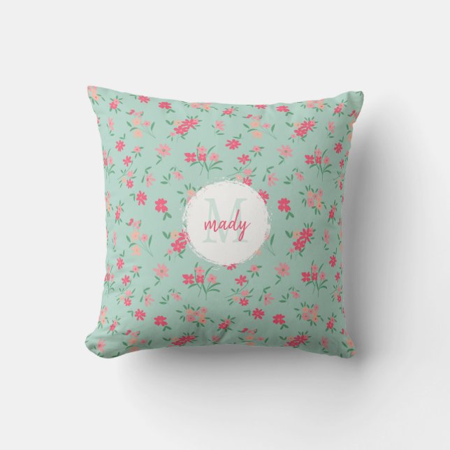 Coussin Fleurs rose Dainty Monogrammes Sur Turquoise (Recto)