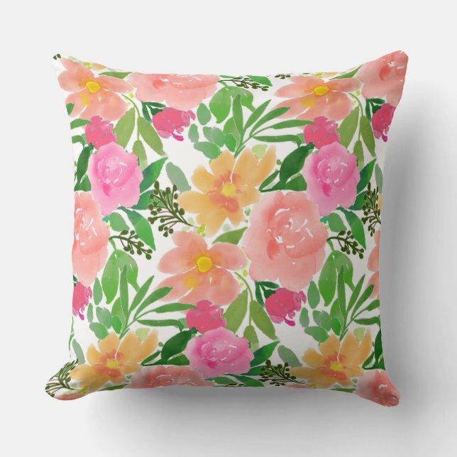 Coussin Fleurs roses à l'aquarelle sur fond blanc (Recto)
