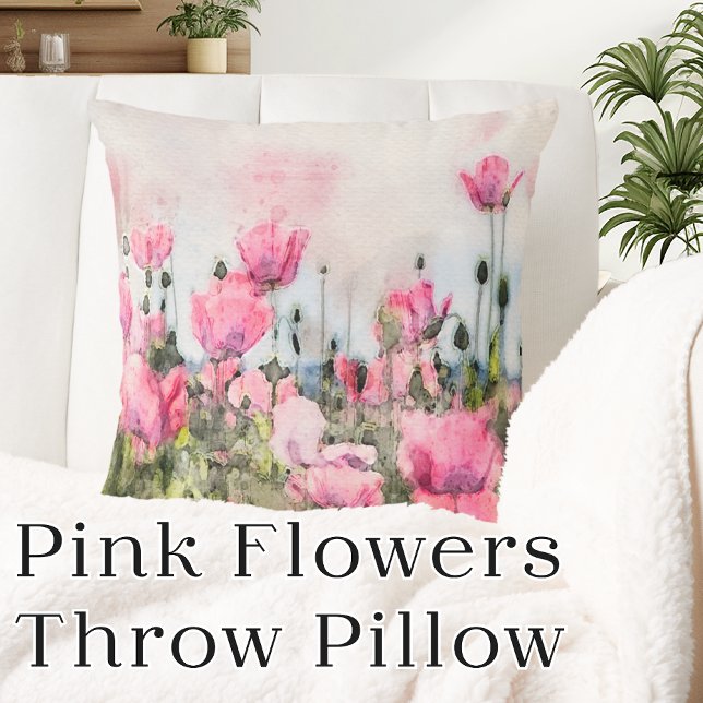 Coussin Fleurs roses Aquarelle Florale (Pink Flowers Floral Watercolor Throw Pillow)