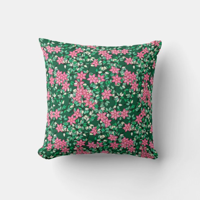 Coussin Fleurs roses, arrière - plan vert foncé (Recto)