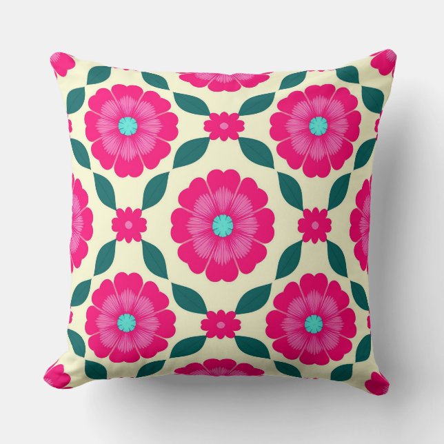 Coussin Fleurs roses avec centres bleus et feuilles vertes (Recto)