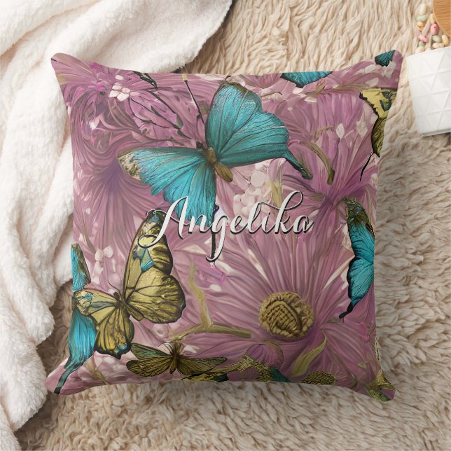 Coussin Fleurs roses blanches Papillons Turquoises et Gold (Couverture)