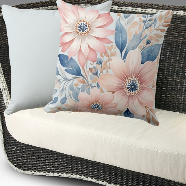 Coussin Fleurs roses bleu foncé Beige Boho Floral (Créateur téléchargé)