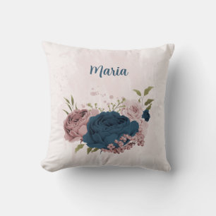 Coussin fleurs roses bleu marine 