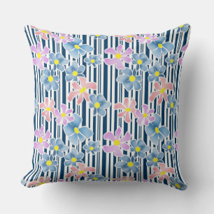 Coussin Fleurs roses bleues sur rayé blanc-bleu arrière -