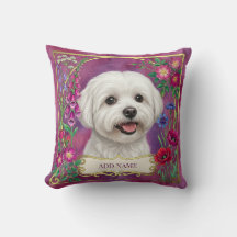 Coussin Fleurs Roses Chien Maltais Personnalisé