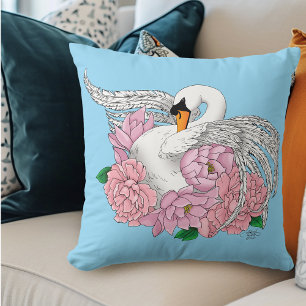 Coussin Fleurs roses cygnes blanches