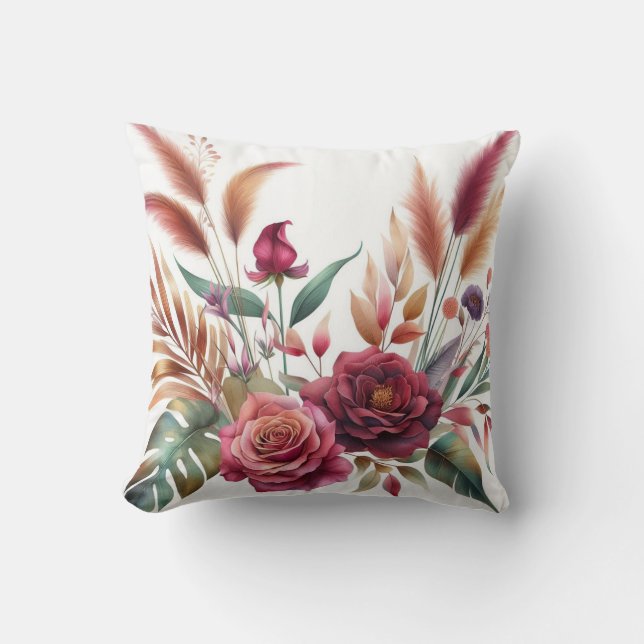 Coussin Fleurs roses de couleur bordeaux modernes (Recto)