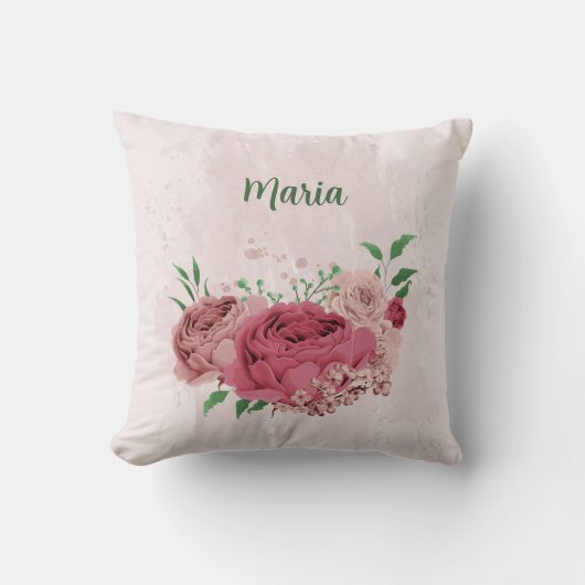 Coussin fleurs roses feuilles vertes (Recto)