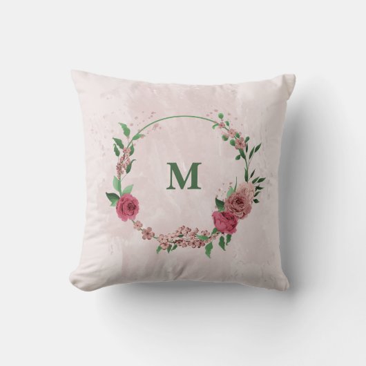 Coussin fleurs roses feuilles vertes  (Recto)