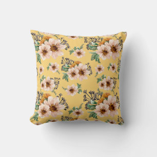 Coussin Fleurs roses fraîches sur fond jaune soleil