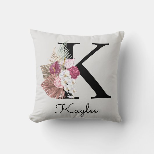 Coussin Fleurs roses initiales K monogrammées (Recto)