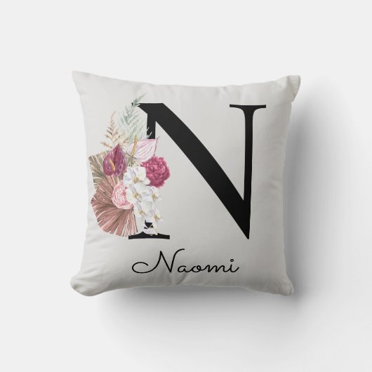 Coussin Fleurs roses initiales N monogrammées (Recto)