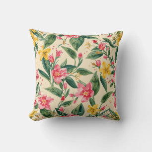 Coussin Fleurs roses jaunes, Florales, Rayures rose choqua