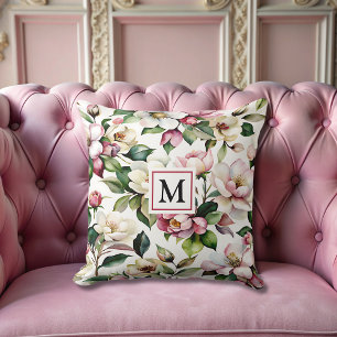 Coussin fleurs roses modernes et élégantes Monogramme fémi