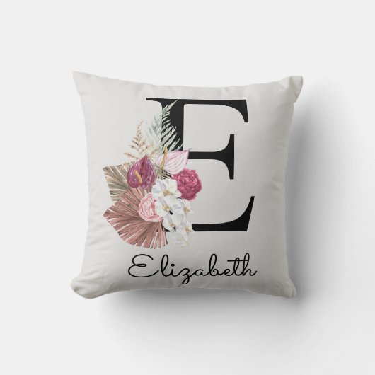 Coussin Fleurs roses modernes initiales E (Recto)