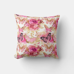 Coussin Fleurs roses papillon volant accents dorés