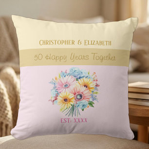 Coussin fleurs roses pour 50 ans d'anniversaire en or