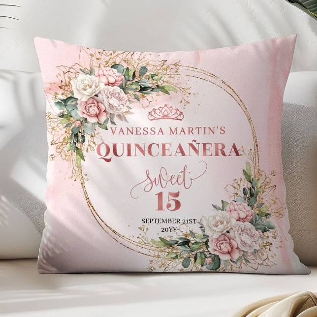 Coussin Fleurs roses poussiéreuses de verdure Douce Décora (Dusty Pink Flowers Greenery Sweet 15 Decorative Pillow)