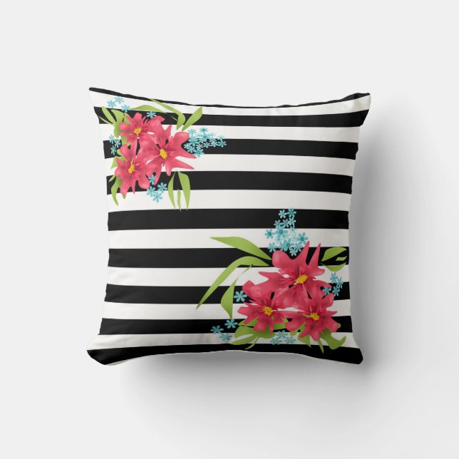 Coussin Fleurs roses sans joint floral noir blanc rayé l (Recto)