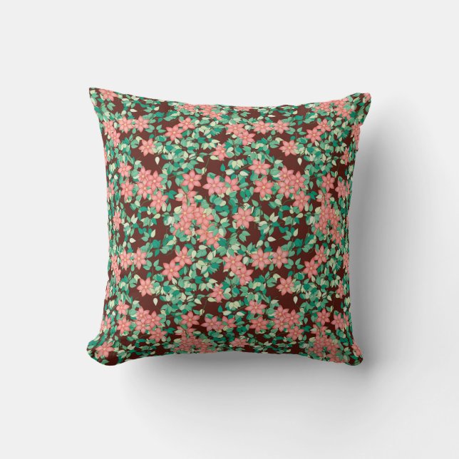 Coussin Fleurs roses sur fond chocolat (Recto)