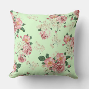 Coussin Fleurs roses sur fond vert vintage floral