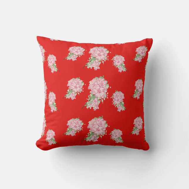 Coussin Fleurs roses sur rouge (Recto)