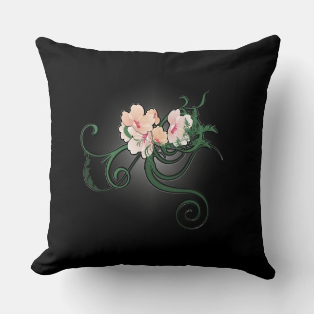 Coussin Fleurs roses sur un Arrière - plan noir (Recto)