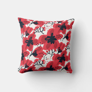 Coussin Fleurs rouges Abstraites dessinées à la main sans