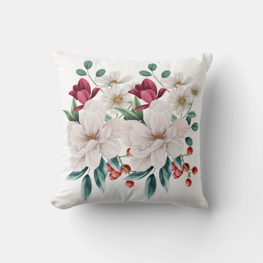 Coussin Fleurs Rouges Blanches Floral Feuillage Baies Roug (Recto)