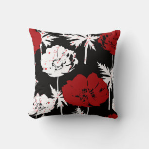 Coussin Fleurs rouges, blanches sur le noir.