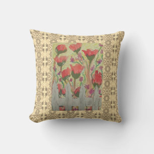 Coussin Fleurs rouges Clôture blanche