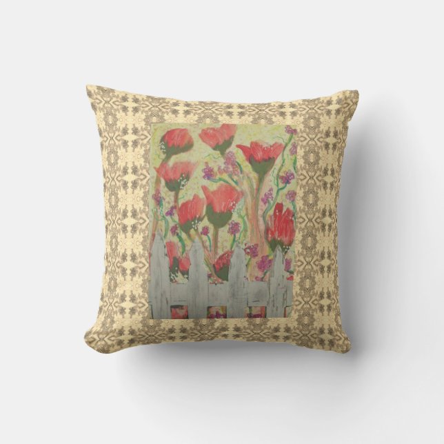 Coussin Fleurs rouges Clôture blanche (Recto)