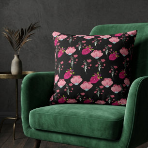 Coussin Fleurs rouges et roses motif sur noir