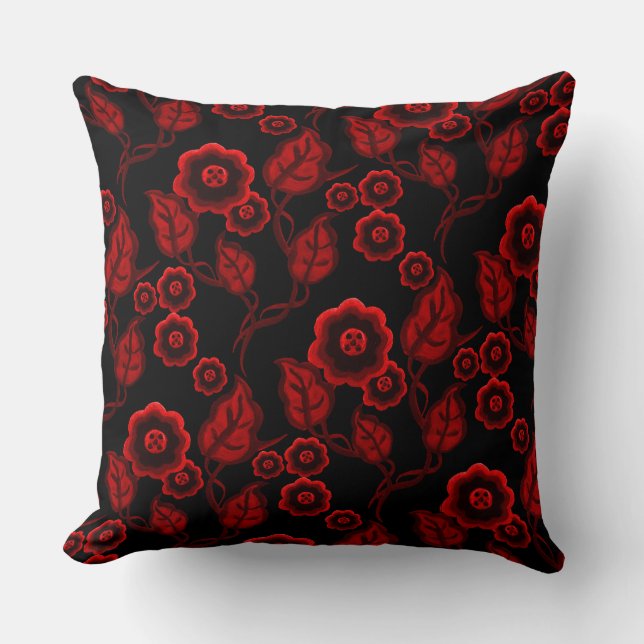 Coussin Fleurs rouges, feuille rouge, art populaire (Recto)