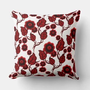 Coussin Fleurs rouges, feuille rouge, art populaire floral