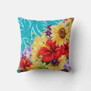 Coussin Fleurs rouges, jaunes, violettes sur Aqua