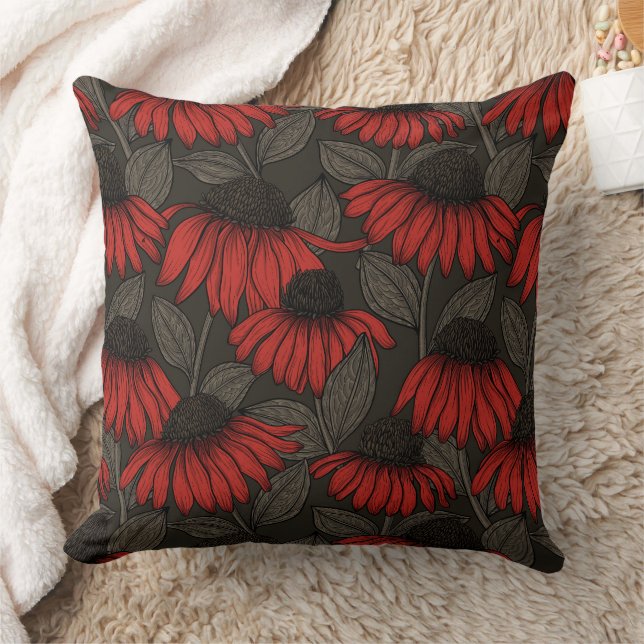 Coussin Fleurs rouges sur marron (Couverture)