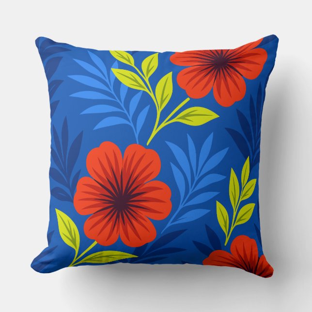 Coussin Fleurs rouges vermillon audacieuses avec des feuil (Recto)