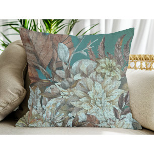 Coussin Fleurs Rustiques antiques peintes sur Turquoise