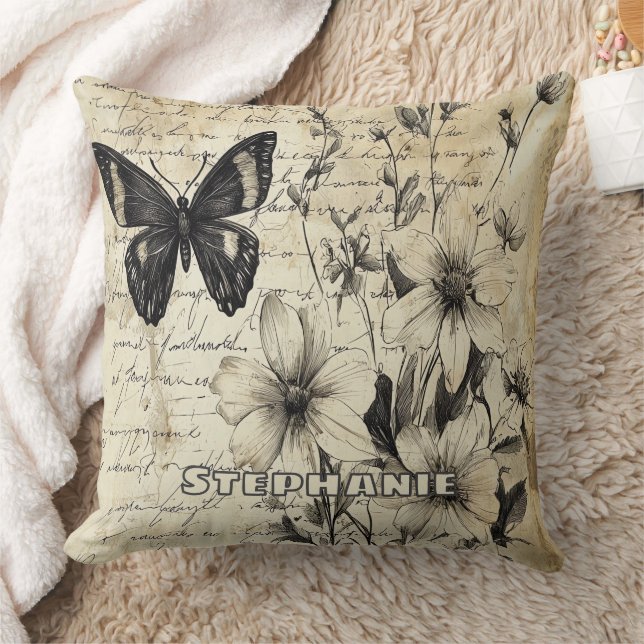 Coussin Fleurs rustiques et papillon - Papier vieilli (Couverture)