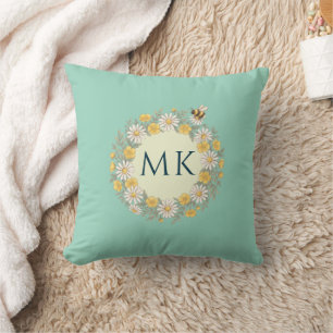 Coussin Fleurs sauvages abeille monogramme sarcelle