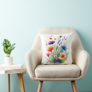 Coussin Fleurs sauvages aquarelle orange violet rouge bleu
