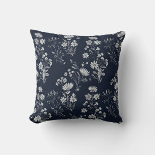 Coussin Fleurs sauvages blancs et crysanthimum bleu profon