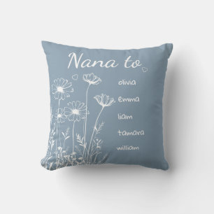 Coussin Fleurs sauvages bleu poussiéreux Noms des petits-e