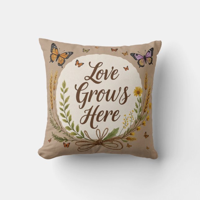 Coussin Fleurs sauvages bohèmes, papillons, blé (Recto)