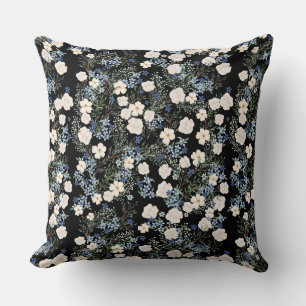 Coussin Fleurs sauvages d'aquarelle florale bleu rose Feui