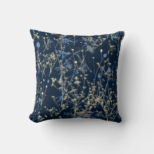 Coussin Fleurs sauvages élégants sur bleu foncé jaune