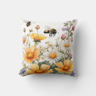 Coussin Fleurs sauvages et Abeilles de miel Aquarelle