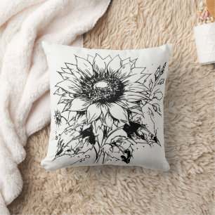 Coussin Fleurs sauvages floraux noirs et blancs